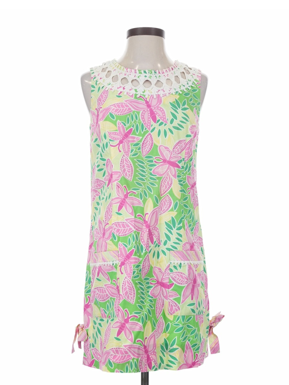 Lilly Pulitzer Pink & Green Floral Sleeveless Dress with Crochet Neck